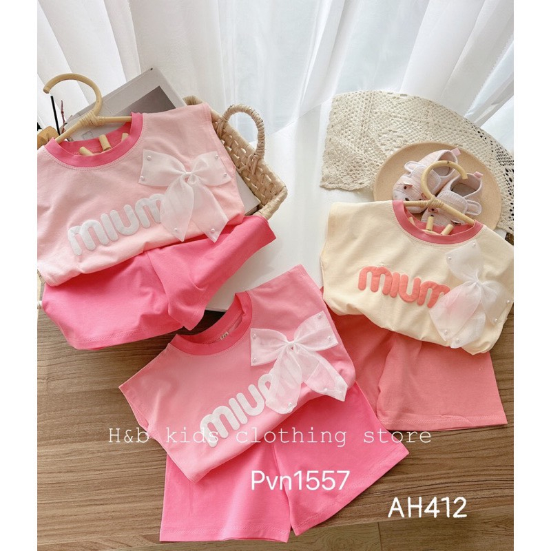 Bộ Cộc Tay Bé Gái, Bộ Hè Cotton Nơ Ngực Điệu Đà Cho Bé Gái Từ 7 - 25kg