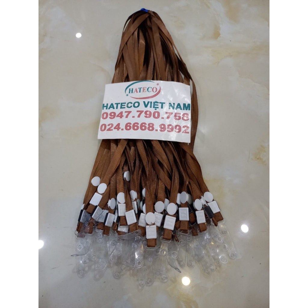 100 Dây đeo thẻ lụa móc nhựa màu NÂU, bản rộng 1cm