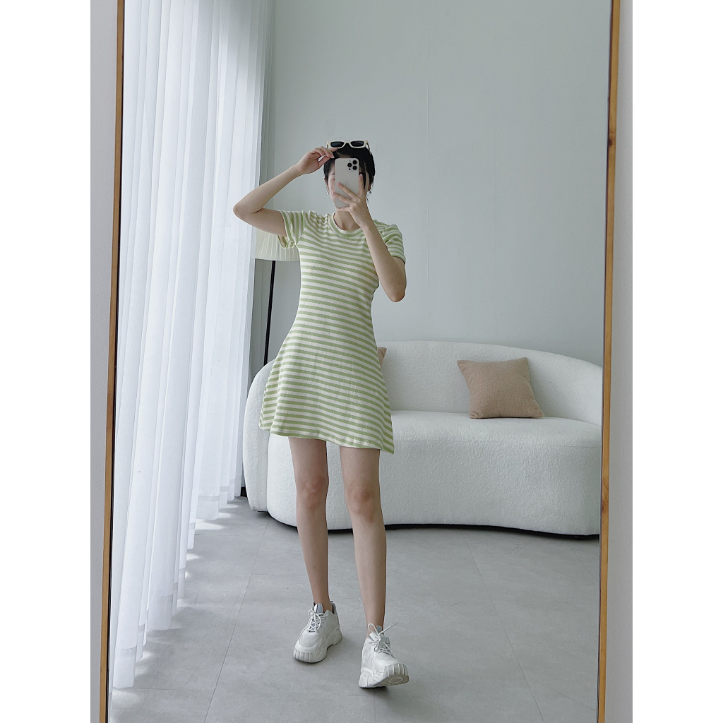 Đầm thun gân sọc ngang 2 màu đen,xanh cốm co giãn, dễ thương cho nàng