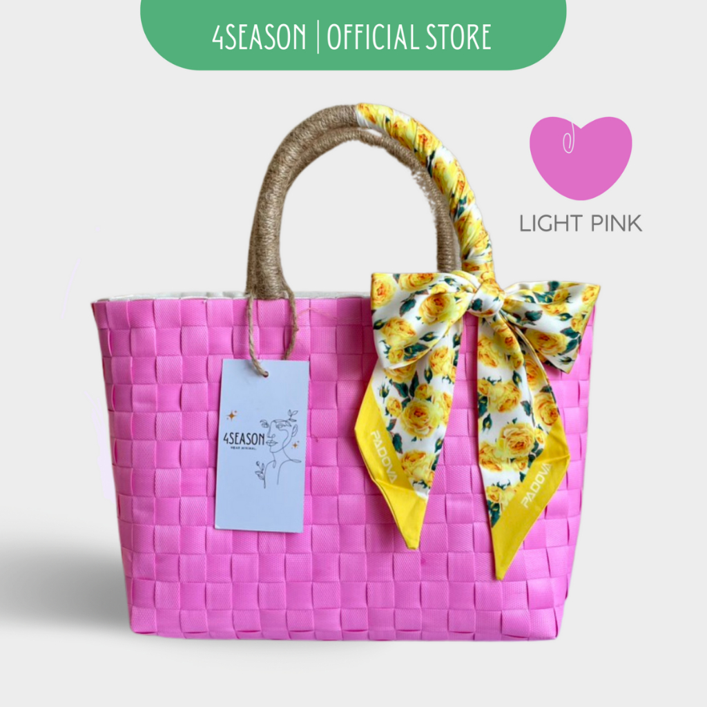 Giỏ đan tay thủ công handmade có lót và quấn khăn lụa sẵn/ Túi xách đan nhựa màu pastel