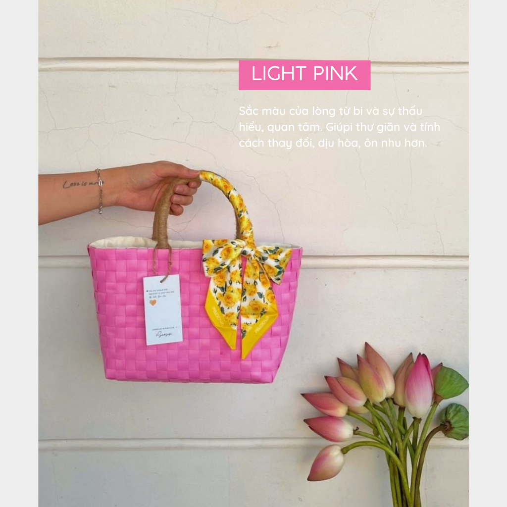 Giỏ đan tay thủ công handmade có lót và quấn khăn lụa sẵn/ Túi xách đan nhựa màu pastel