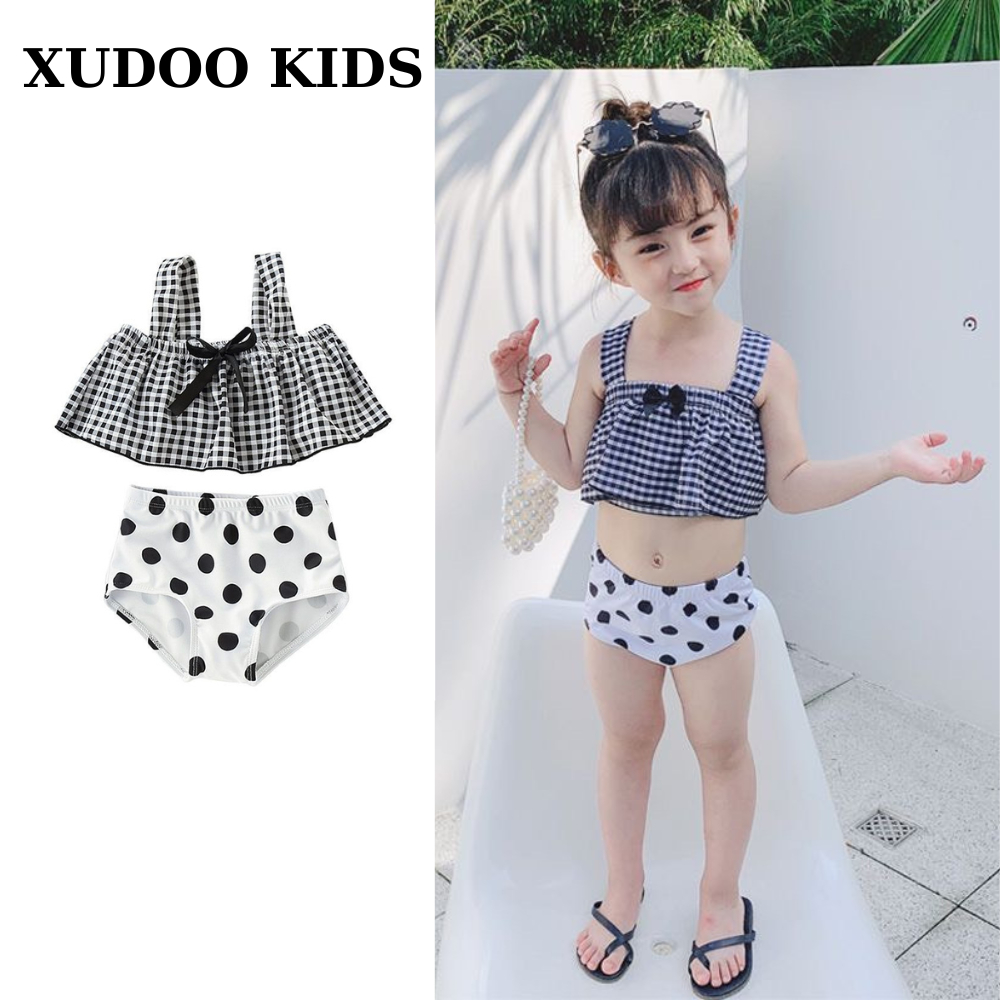 Bộ Đồ Bơi 2 Mảnh Kẻ Sọc Caro Đính Nơ + Quần Chấm Bi (Kèm Mũ) Siêu Dễ Thương Cho Bé Gái, Phong Cách Hàn Quốc - XUDOO KIDS