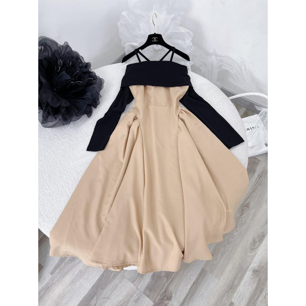 ĐẦM MAXI THÂN NUDE BẸT VAI PHỐI ĐEN