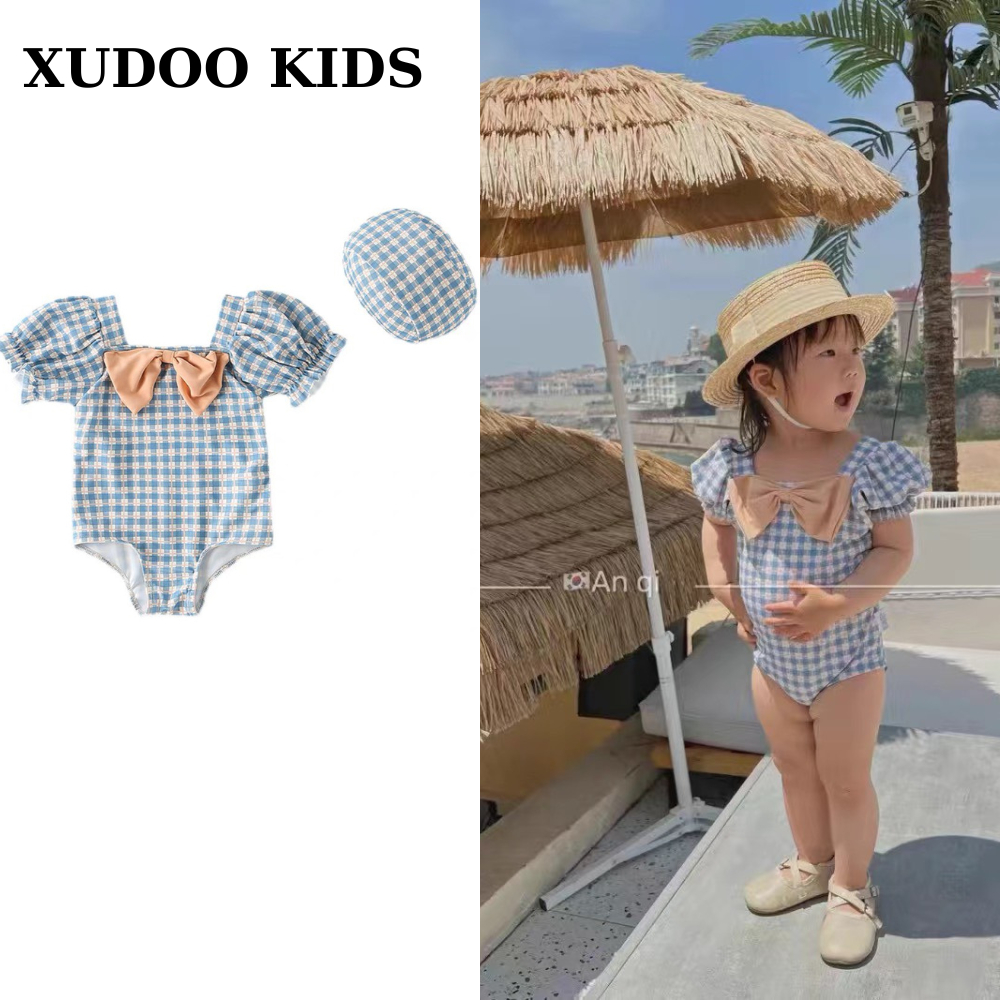 Bộ Đồ Bơi Một Mảnh Họa Tiết Sọc Caro Xanh Phối Nơ Phong Các Hàn Quốc Cho Bé Gái, Tặng Kèm Mũ, Chất Liệu Cao Cấp - XUDOO