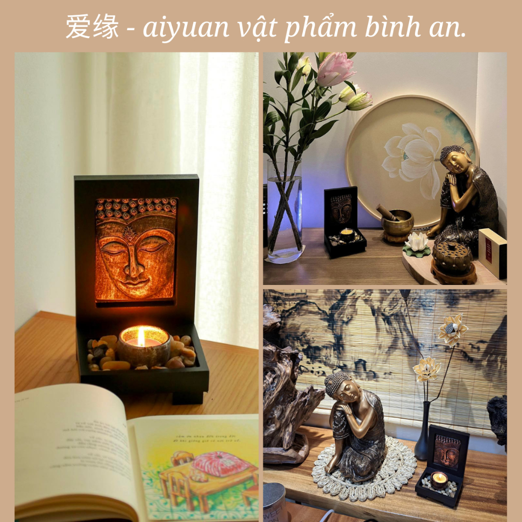 Hộp Nến Phù Điêu Diện Phật Kèm Nến & Đá Chất Liệu Composite - Decor Trang Trí Nhà Cửa, Bàn Làm Việc, Phòng Thiền