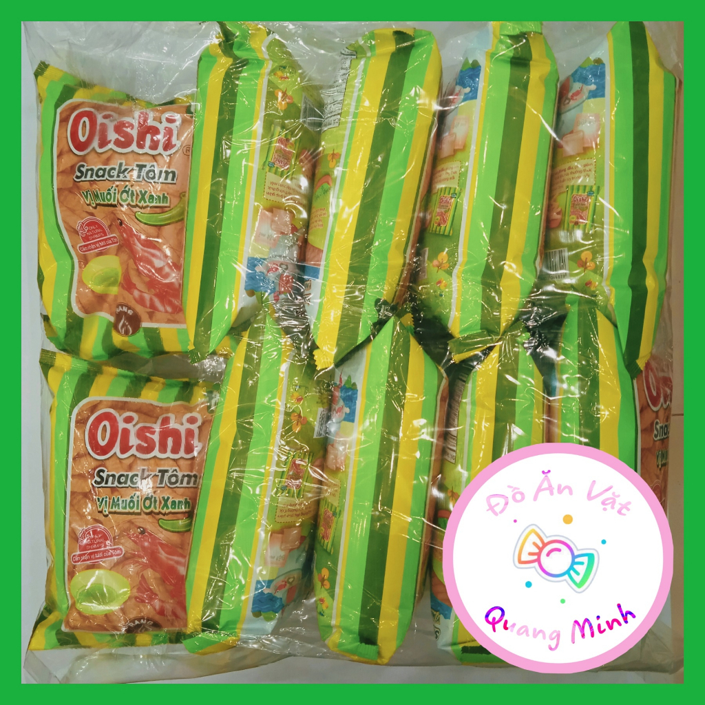 Bán sỉ Bim bim Oishi Snack tôm vị muối ớt xanh gói lớn 32 g/ 10 gói giòn cay thơm ngon, đồ ăn vặt cổng trường hot nhất
