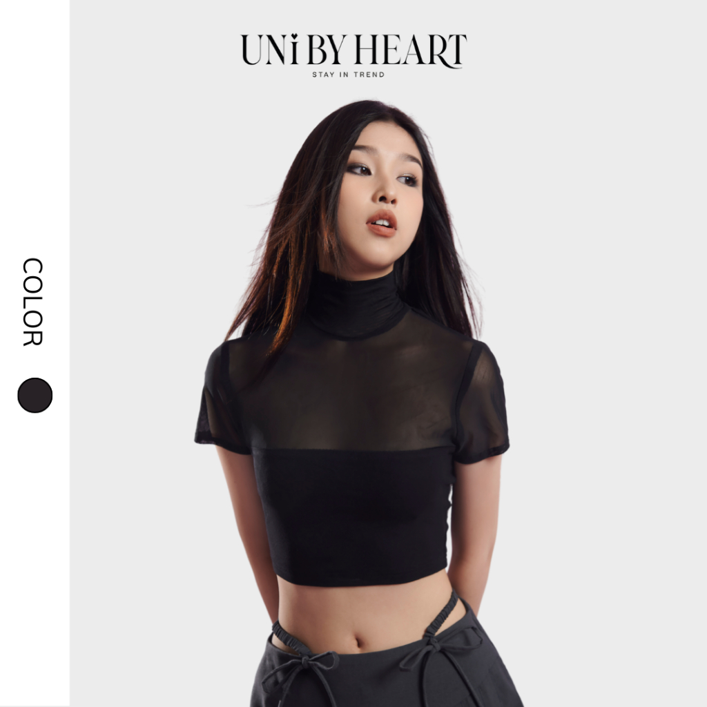 Áo ôm croptop thun cổ lọ tay ngắn phối lưới Remy Top AL002 dáng ôm dễ phối đồ - Uni By Heart