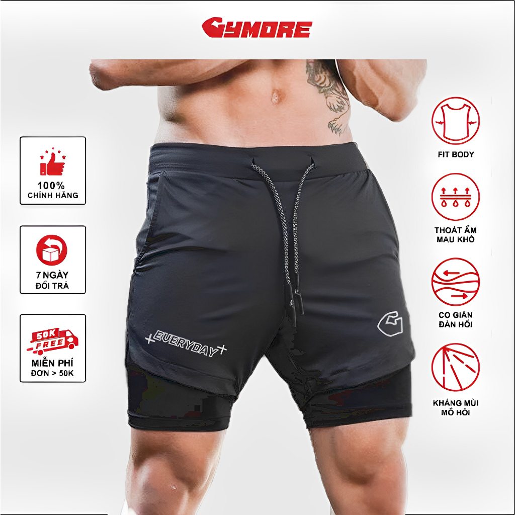 Quần Đùi Tập Gym Nam 2 Lớp Cao Cấp Quần Tập Gym Nam Phong Cách Thể Thao Chất Liệu Poly 2 Da Co Dãn Và Thấm Hút Mồ Hôi