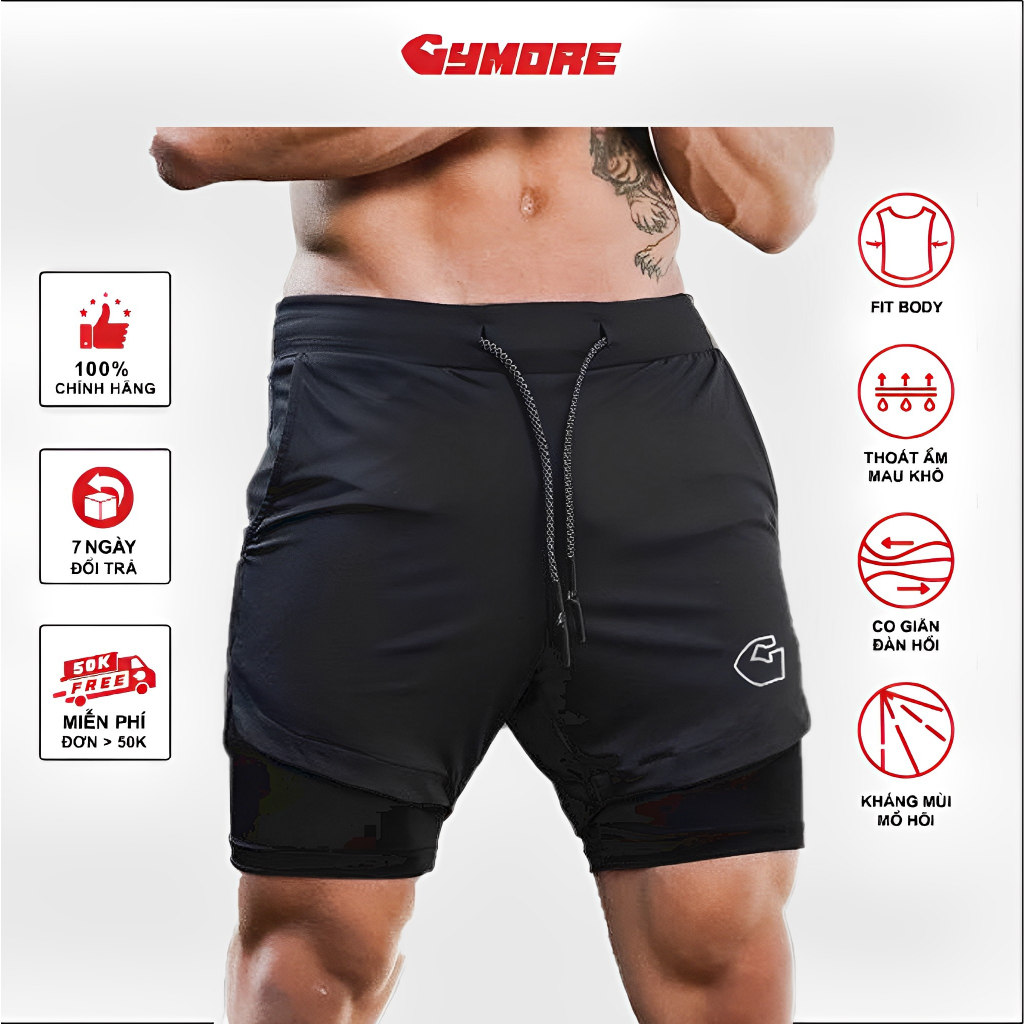 Quần Tập Gym Nam 2 Lớp Gymore Quần Thể Thao Nam Tập Gym, Chạy Bộ Chất Liệu Poly 2 Da Cao Cấp Siêu Thoáng Mát Và Co Dãn