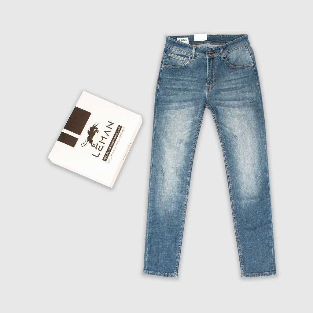 Quần Jean nam Leman xanh mài xước trơn JD15 - Slim Form [Full Box, Chính Hãng]