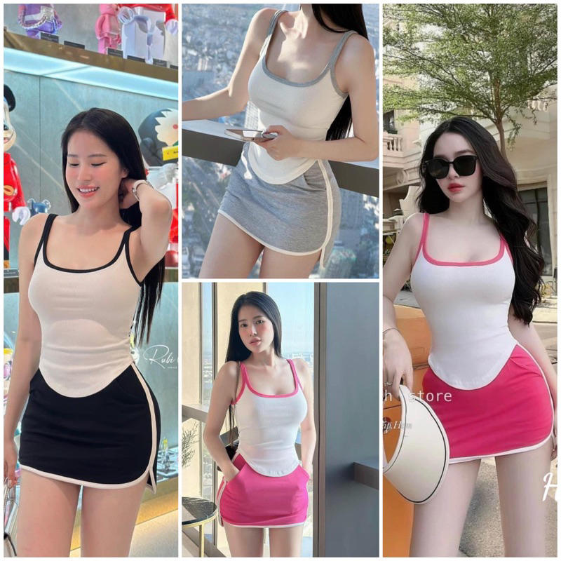 Set Áo Dây Kèm Chân Váy Viền