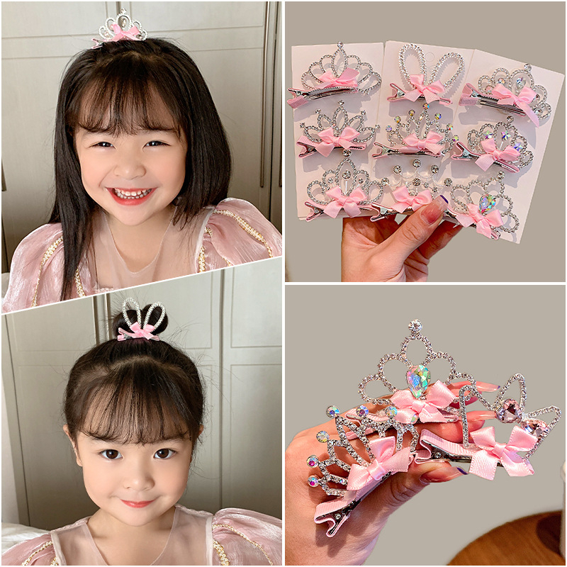 Kẹp Tóc Vương Miện Đính Đá Nơ Hồng Dễ Thương Cho Bé