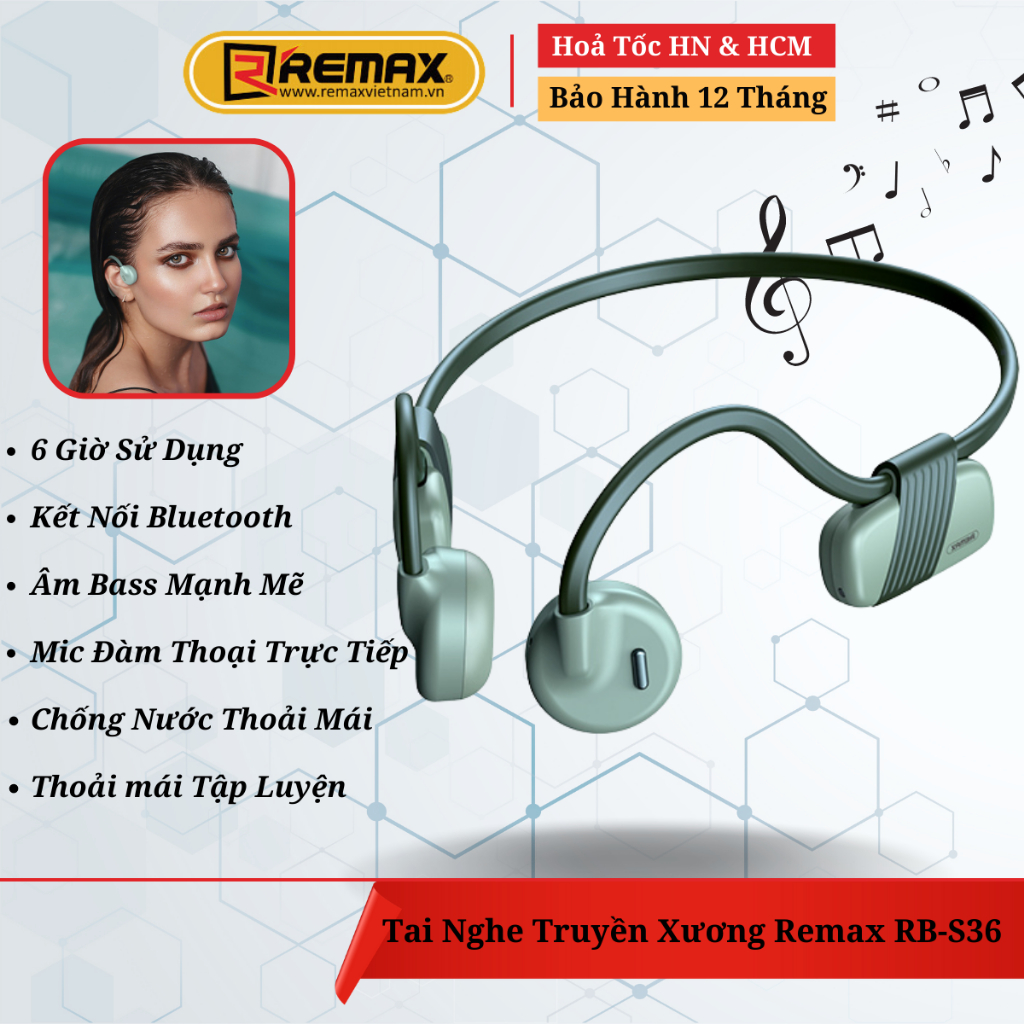 Tai Nghe Thể Thao Bluetooth Chống Nước Bơi Lội Thoải Mái , Truyền Âm Qua Xương Remax RB-S36 - Bảo Hành 12 Tháng