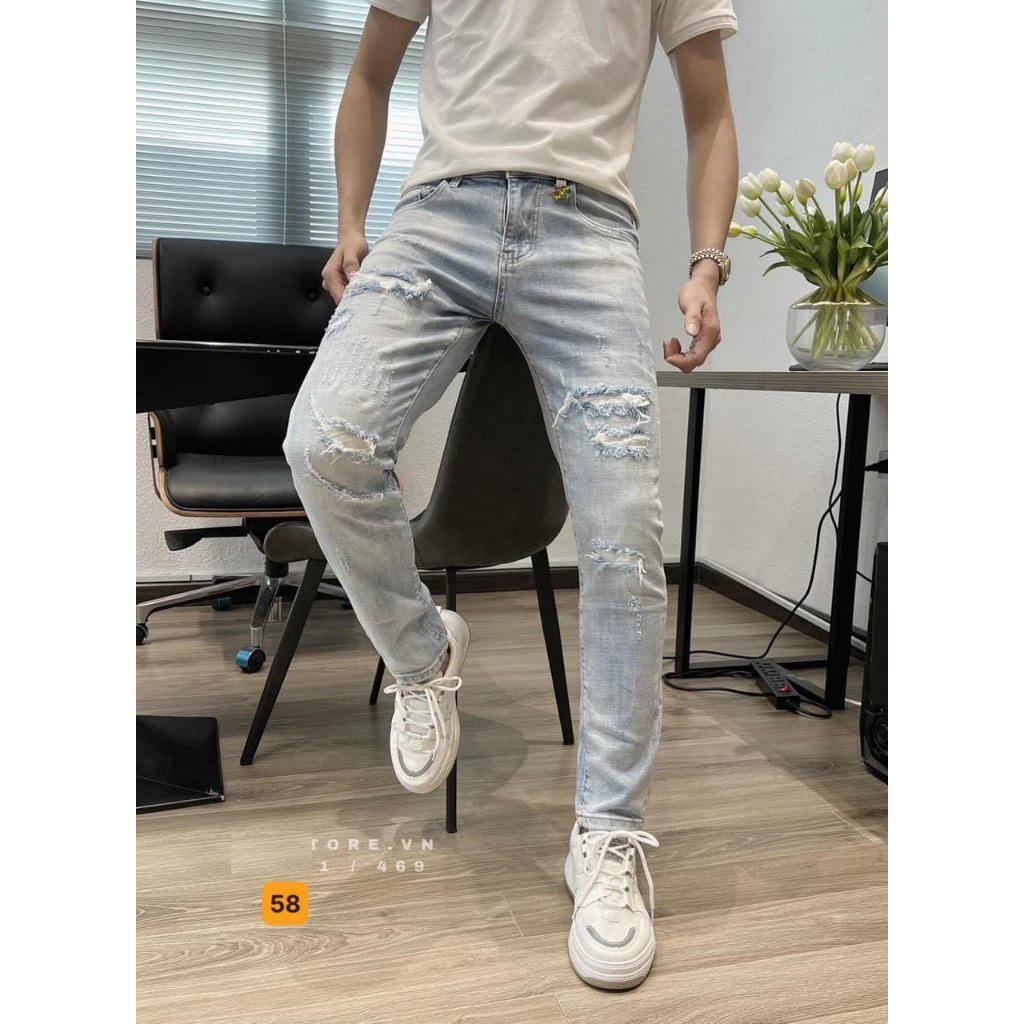 Quần Jean Nam Màu Trắng, Xanh, Xanh Đen, Xám Rách Nhẹ Chất Vải Bò Cao Cấp Co Dãn 4 Chiều Skinny TJD06