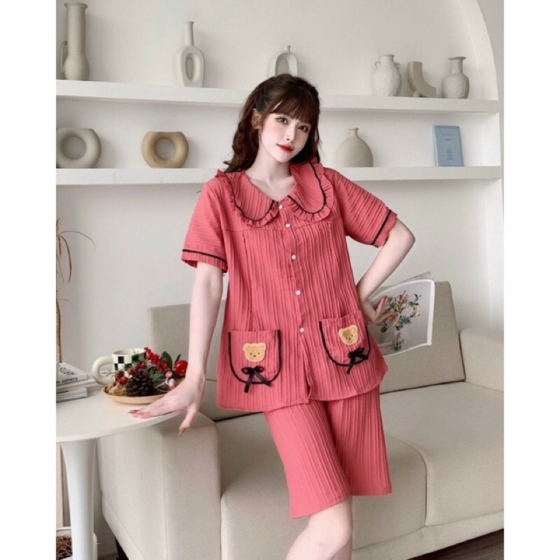 Bộ bầu cộc tay mặc nhà kết hợp sau sinh hình mặt gấu M52