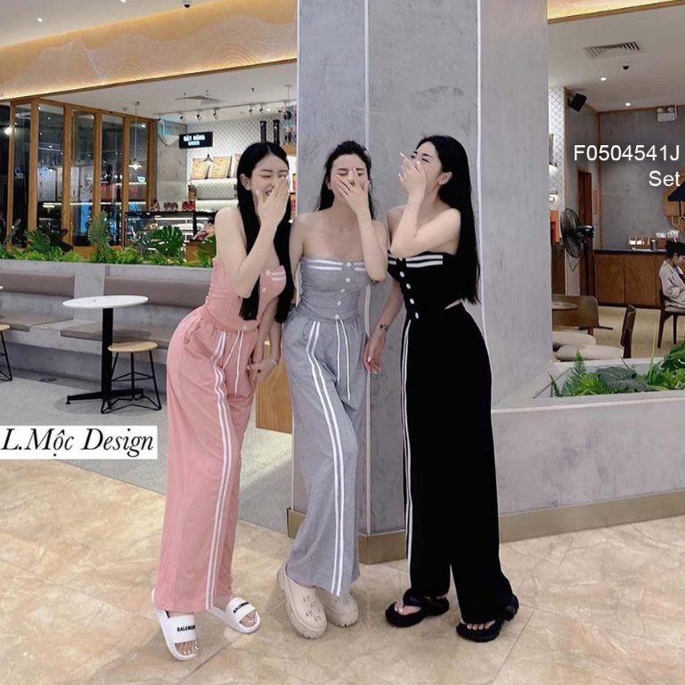 Set bộ thun áo kiểu ống dáng croptop nhún lưng phối viền sọc trắng kèm quần suông!