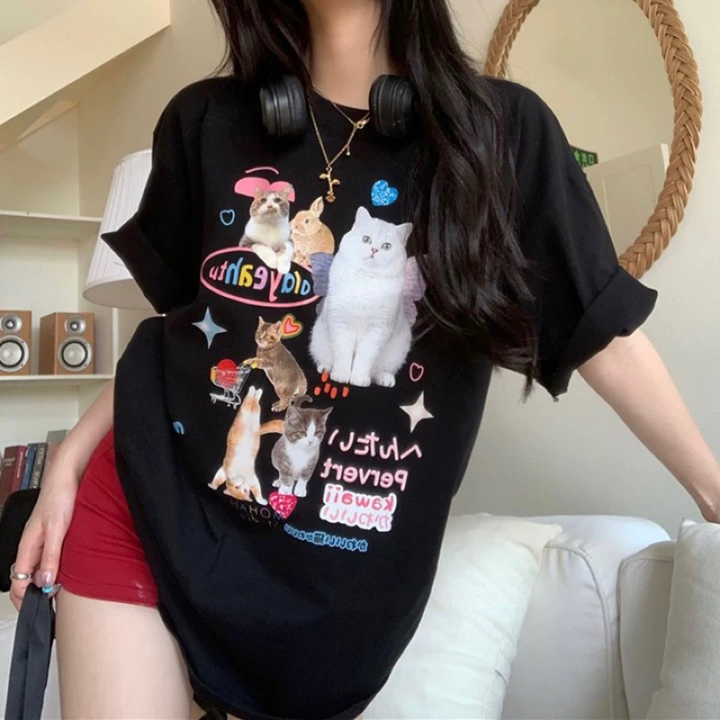 Áo phông thun vũ trụ mèo ngáo đáng yêu form rộng oversize unisex nam nữ trùm mông 100% cotton thoáng mát hè