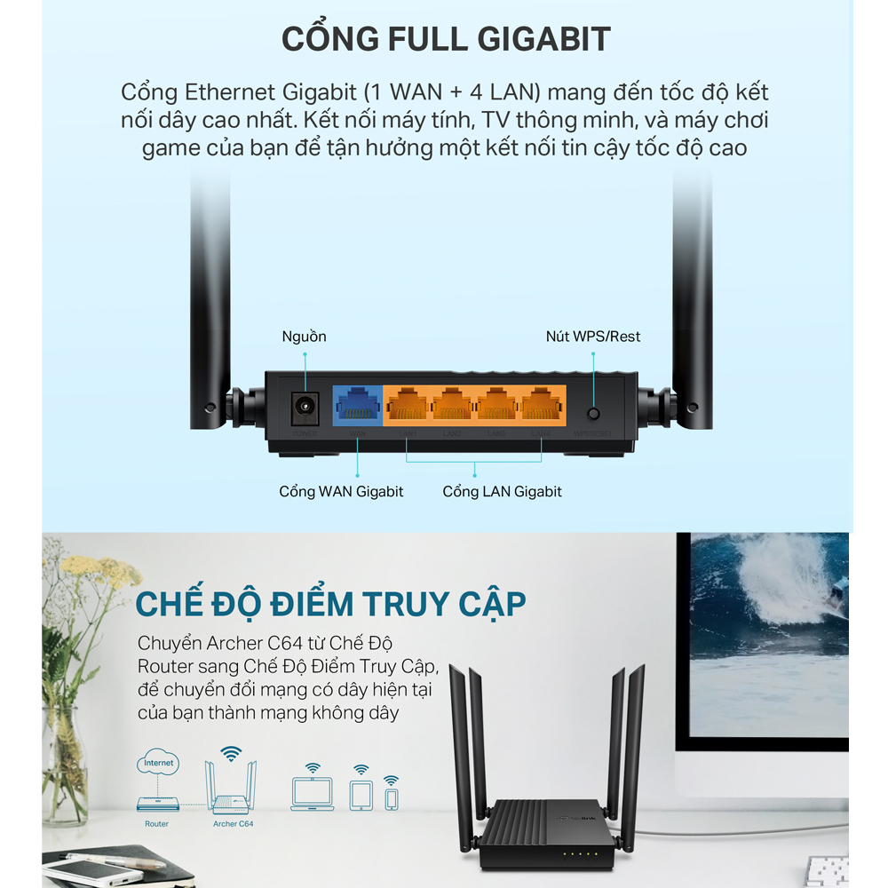 Bộ Phát Wifi TP-Link Archer C64 Băng Tần Kép Chuẩn AC1200 | BigBuy360 - bigbuy360.vn