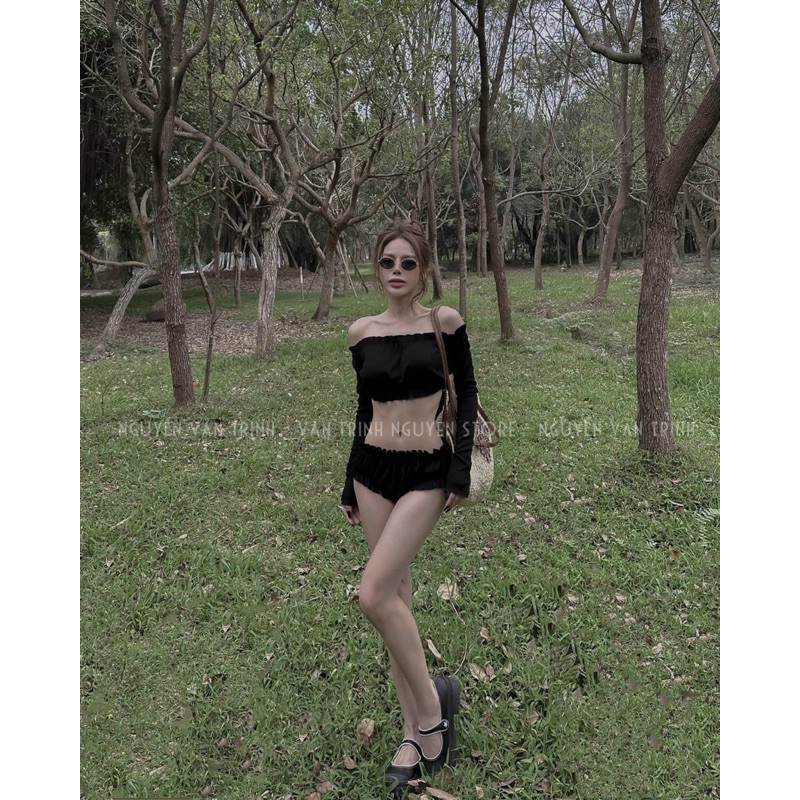 Set đi biển áo trễ vai tay dài-Komistore