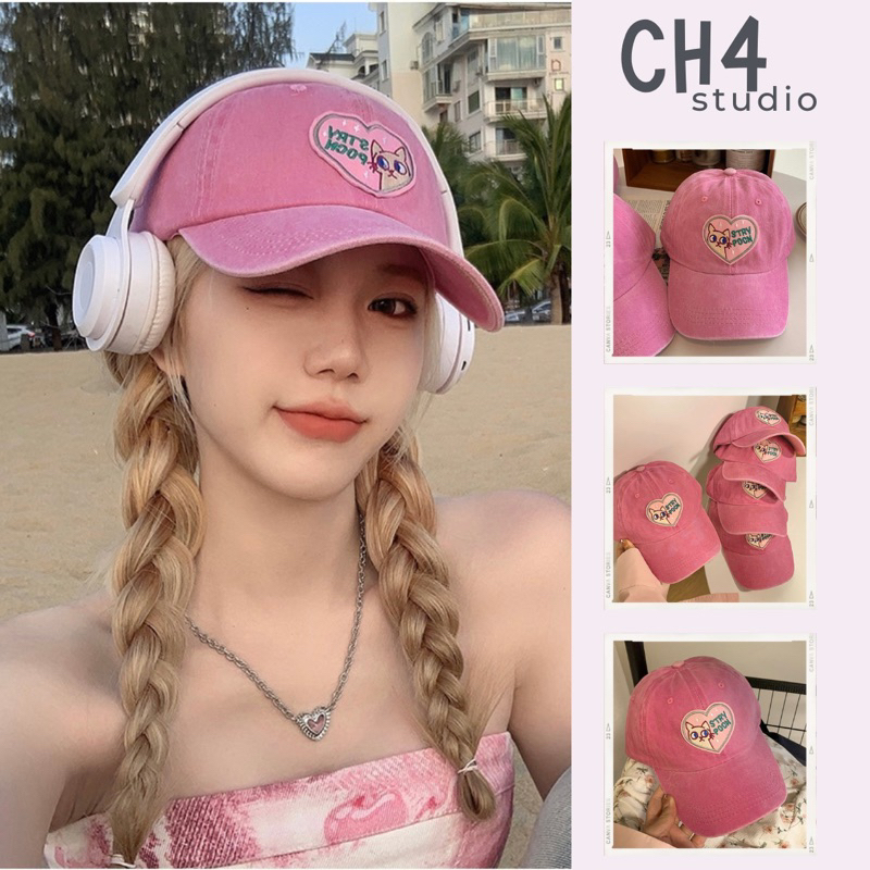 Mũ lưỡi trai nam nữ màu hồng unisex, nón vành thêu hình con thỏ STRY POCCH