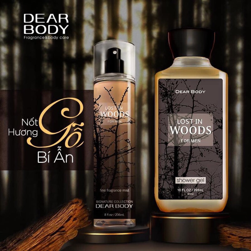 Body Mist Dear Body LOST IN WOODS FOR MEN - Xịt thơm toàn thân lưu hương lâu - 236ml