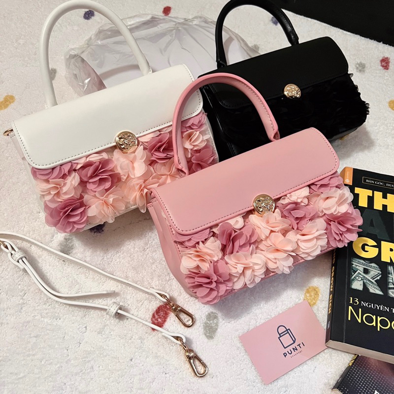 Túi xách nữ cầm tay, đính hoa, kèm dây da đeo chéo, chất da PU cao cấp | Punti Bags