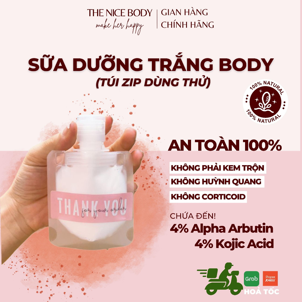 [TÚI ZIP DÙNG THỬ 30G] Kem Dưỡng Trắng Da Body Dạng Sữa Chứa 4% Alpha Arbutin Và 4% Kojic Acid Giúp Làm Trắng Da