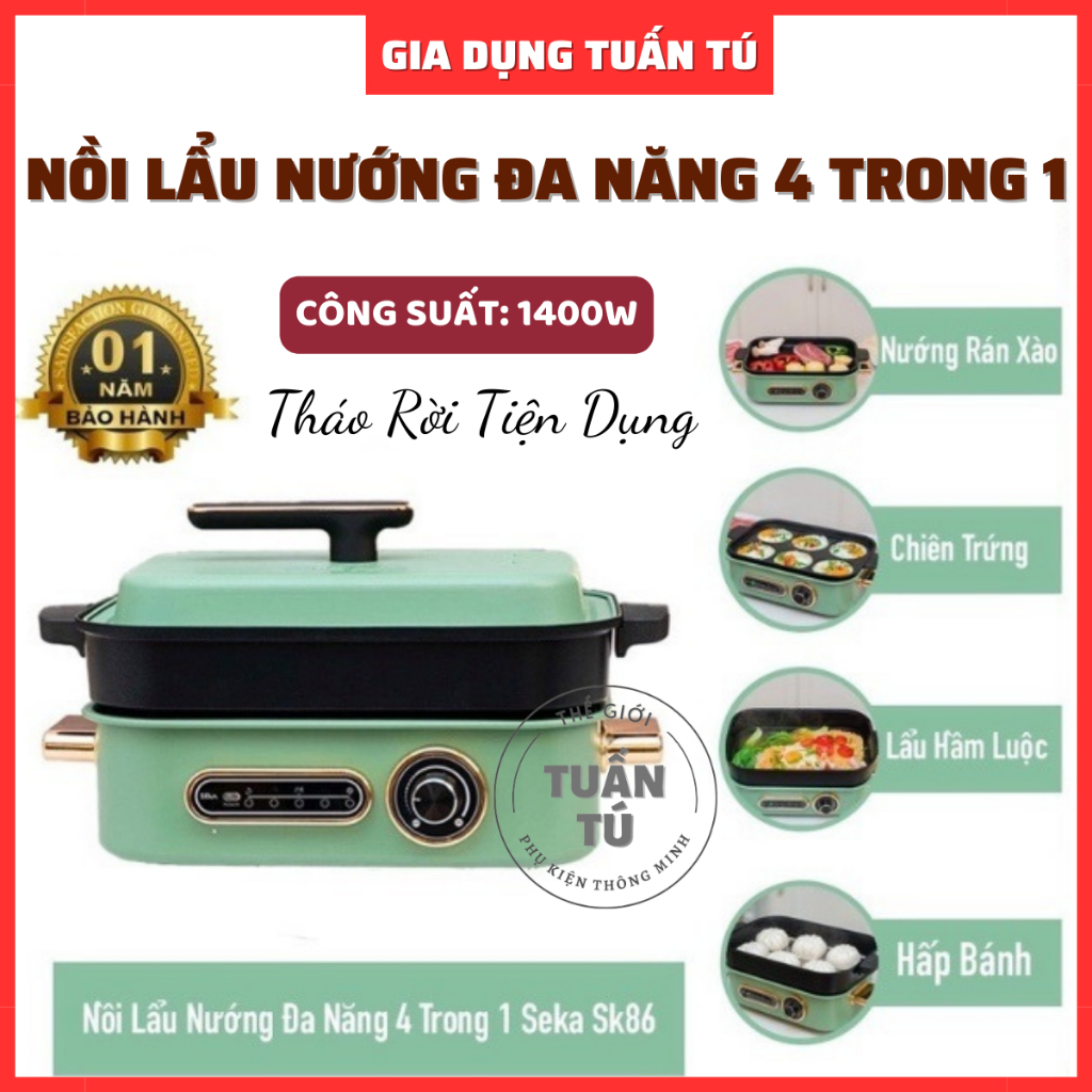 Nồi Lẩu Nướng Đa Năng Cao Cấp 4 IN 1, Nồi Điện Đa Năng SEKA SK86 Có 4 Khay Nấu Nướng Chiên Xào Hấp - Tháo Rời Vệ Sinh Dễ