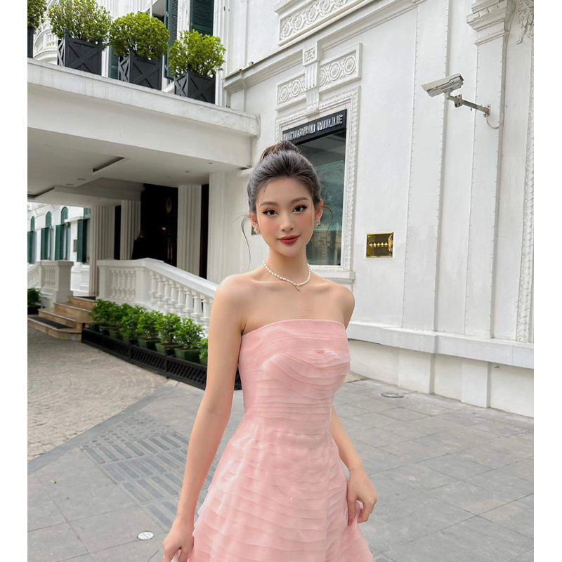 VÁY DÁNG DÀI XOÈ CHỮ A MÀU HỒNG PASTEL TIỂU THƯ ĐIỆU ĐÀ XẾP VOAN NHÚN ĐI TIỆC