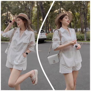 Set bộ đũi trắng quần sooc áo dáng suông dài tay năng động