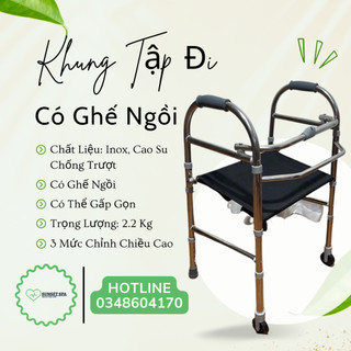 Khung Tập Đi Có Ghế Ngồi Cho Người Già, Người Khuyết Tật - Khung Tập Đi Có Bánh Xe - Khung ghế ngồi