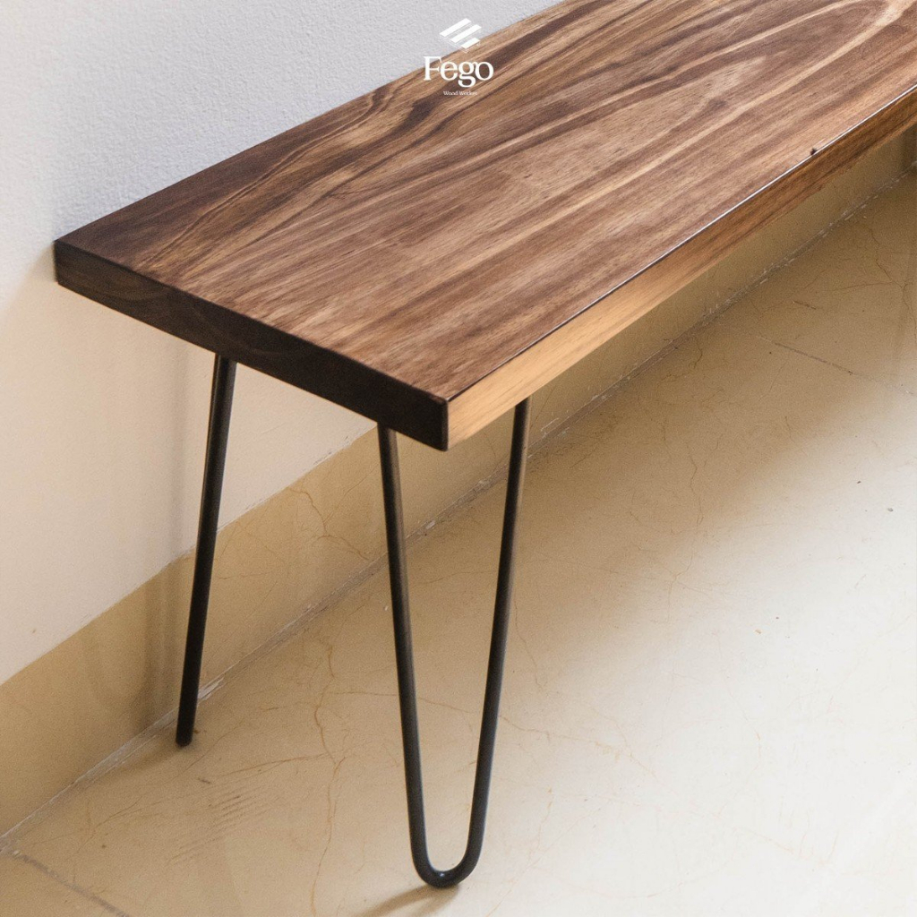Ghế băng chân sắt FEGO gỗ thông tự nhiên ngồi phòng ăn, phòng khách