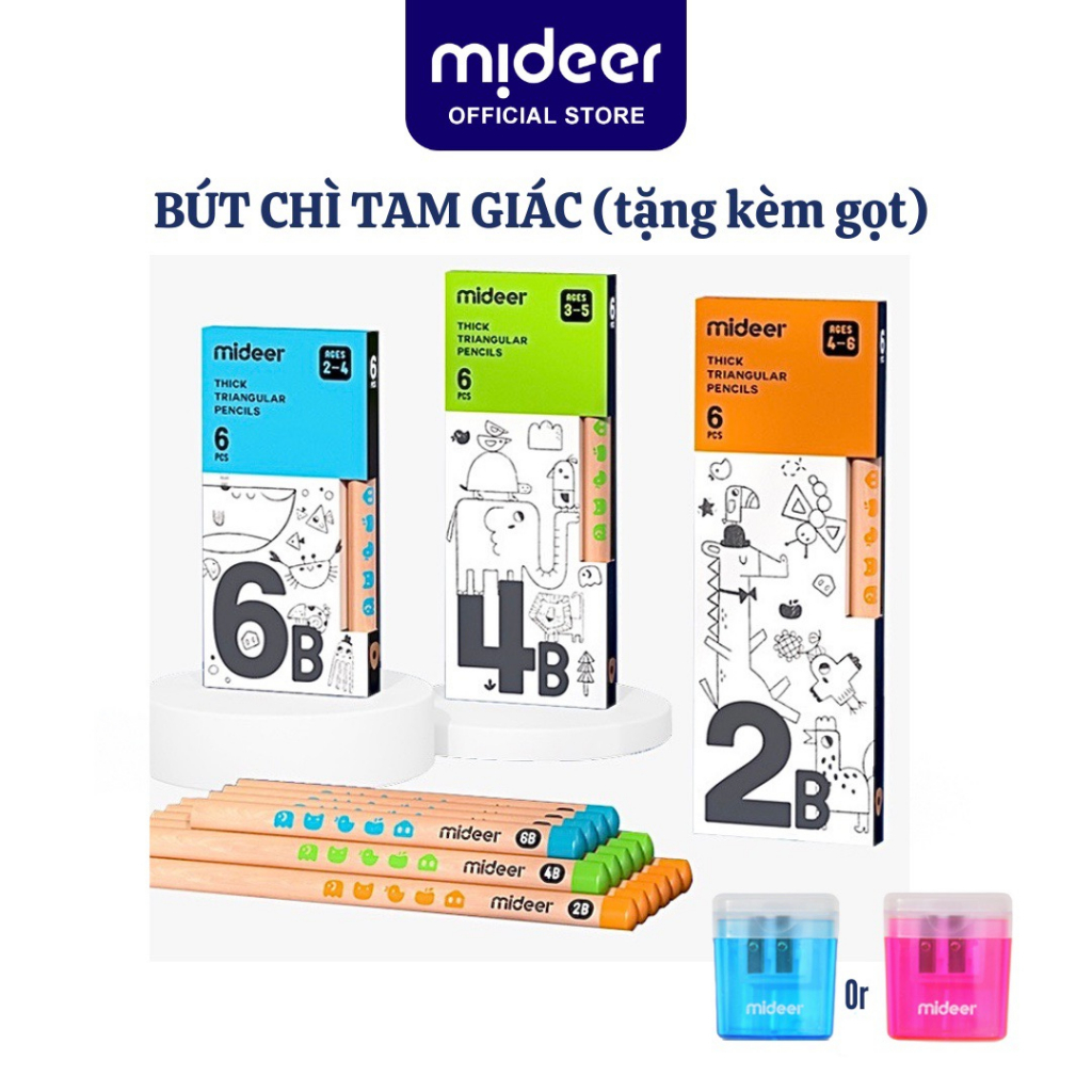 Bộ bút Chì 2B 4B 6B hộp 6 bút chì Mideer Thick Triangular Pencils