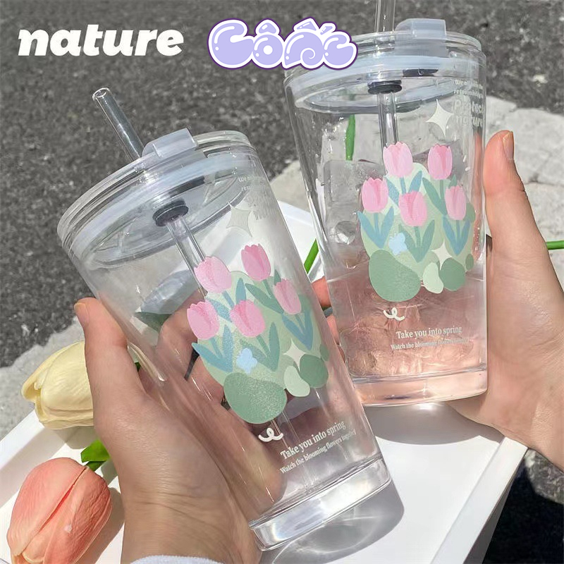 Cốc Nước Hoa Tulip Thủy Tinh Trong Suốt Chịu Nhiệt Có Nắp Và Ống Hút C01