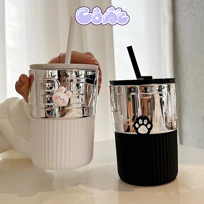 Cốc Uống Nước 2 Lớp Thủy Tinh Inox Sang Trọng Vân Sọc Phối Bọc Inox Chống Bỏng Tay 420ml C02