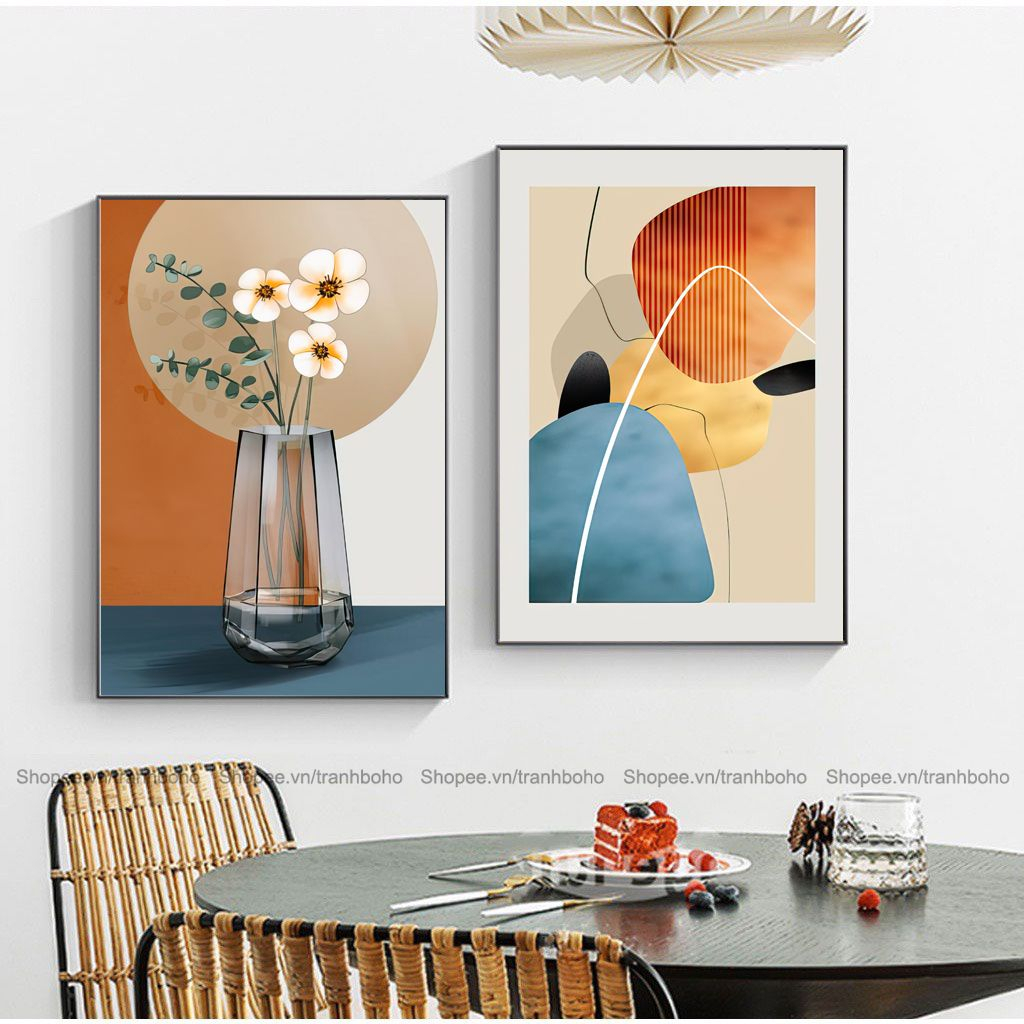 Bộ 02 tranh BOHO trừu tượng 50*70cm - Tranh canvas treo tường phòng khách phòng ngủ, tặng đinh 3 chân treo tranh.