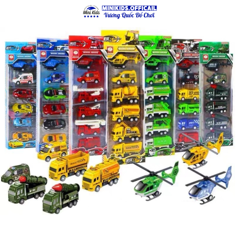 Đồ chơi bộ hộp set 6 món ô tô máy bay chạy cót, bánh đà ,xe mô hình: xe cứu hỏa, quân đội, máy bay - Đồ chơi MiniKids