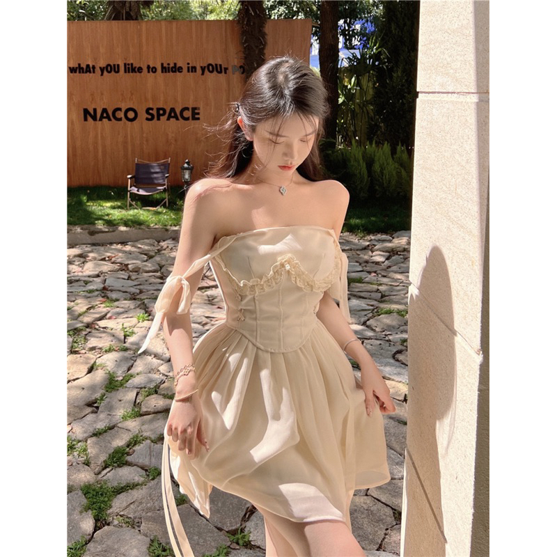 Đầm Corset 2 Dây Thắt Nơ Rút Eo Phối Bèo Dáng Xoè