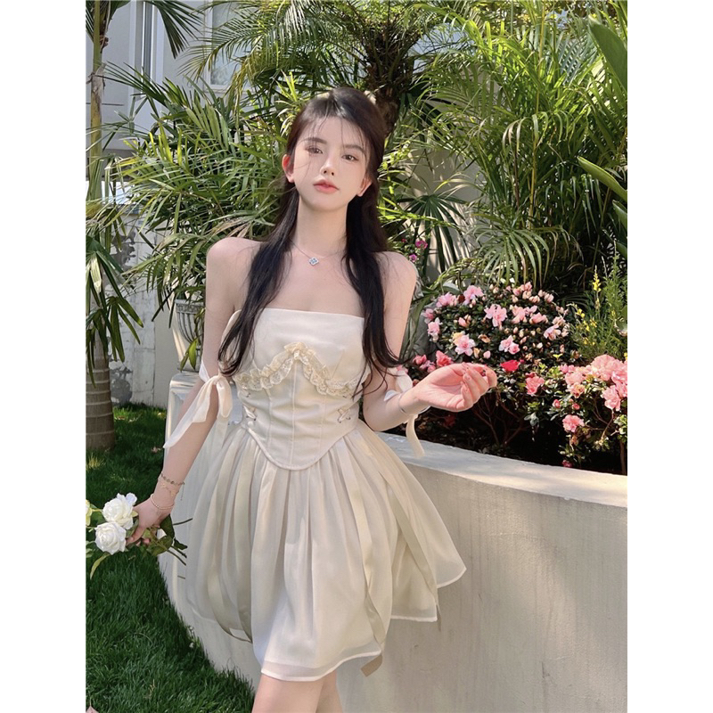 Đầm Corset 2 Dây Thắt Nơ Rút Eo Phối Bèo Dáng Xoè