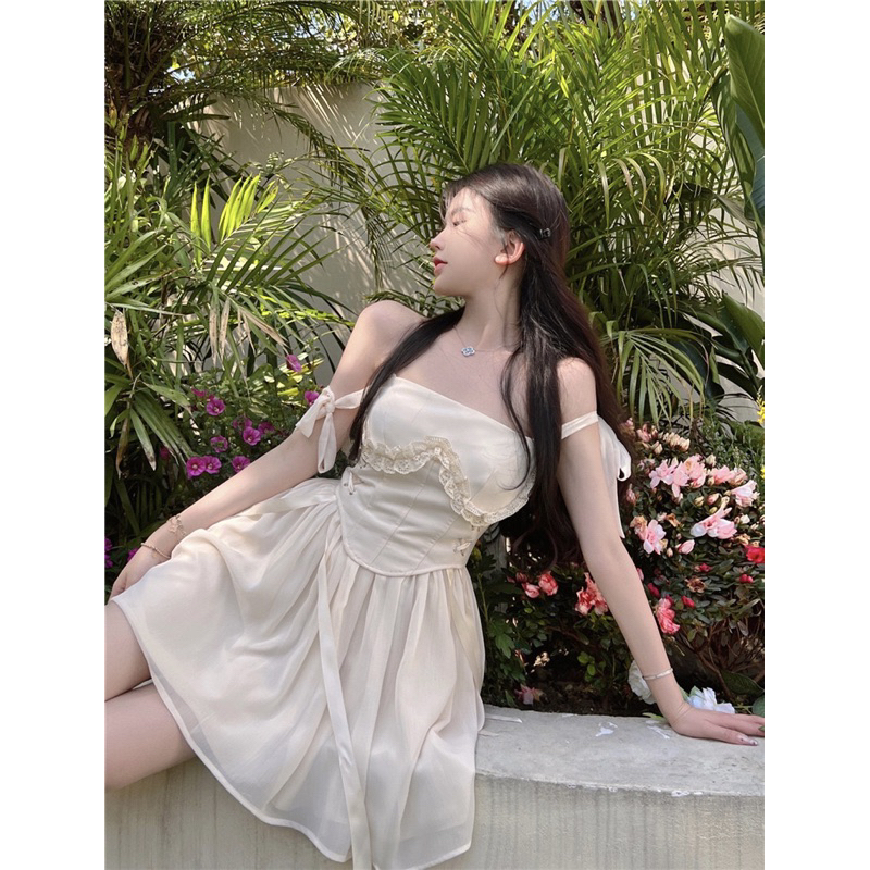 Đầm Corset 2 Dây Thắt Nơ Rút Eo Phối Bèo Dáng Xoè