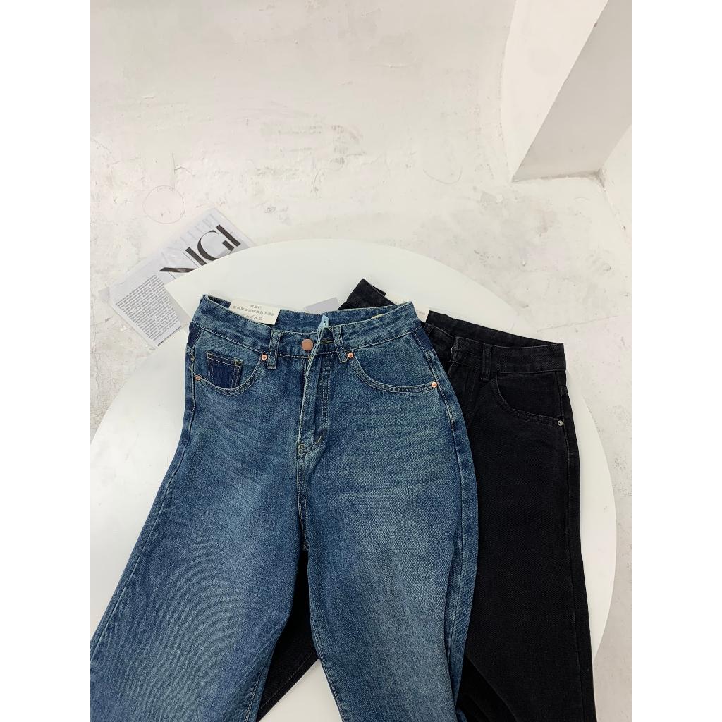 Q443 - QUẦN JEANS ỐNG RÔNG TÚI SAU HOẠ TIẾT