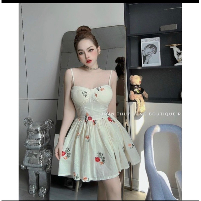 Đầm 2 Dây Hoa Lá Đỏ Cúp Mút Ngực Dáng Xoè Chất Cate Dày Dặn