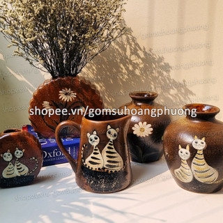 Lọ hoa gốm sứ men nâu mộc vẽ hoạ tiết thủ công Bát Tràng