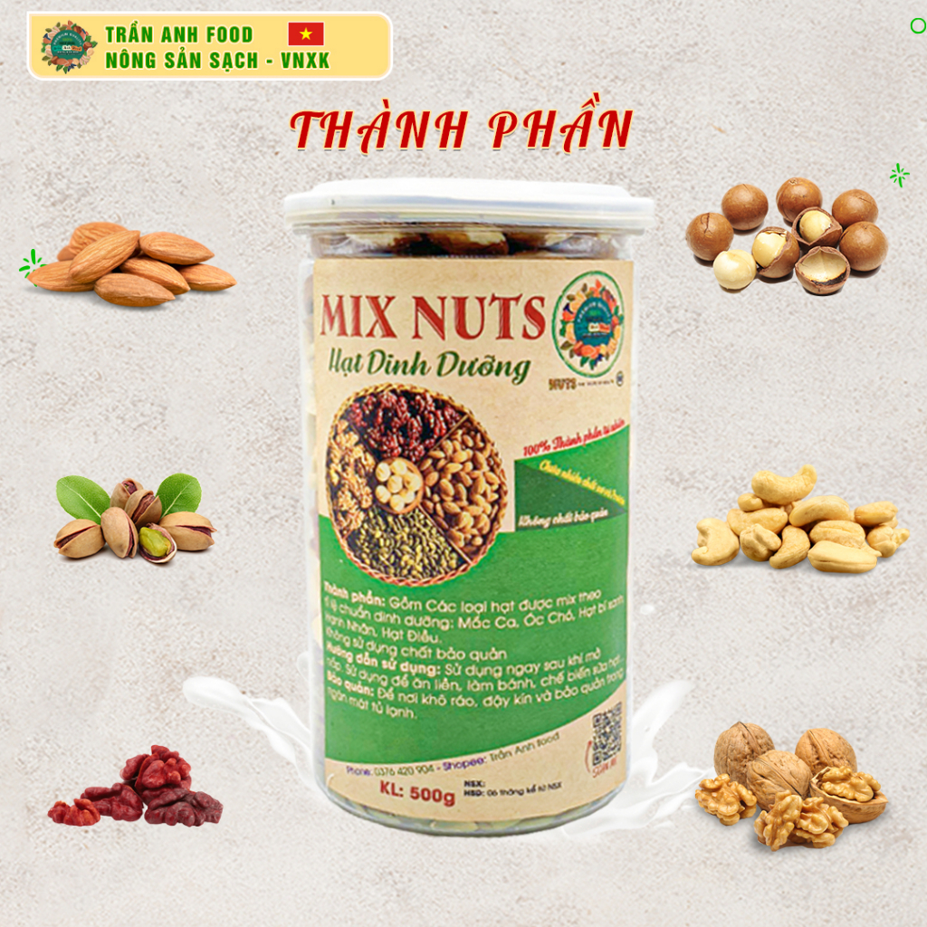 Hạt mix Trần Anh Food - Hạt dinh dưỡng mix 5 hạt macca, hạnh nhân, óc chó, hạt điều, hạnh nhân tốt cho sức khỏe