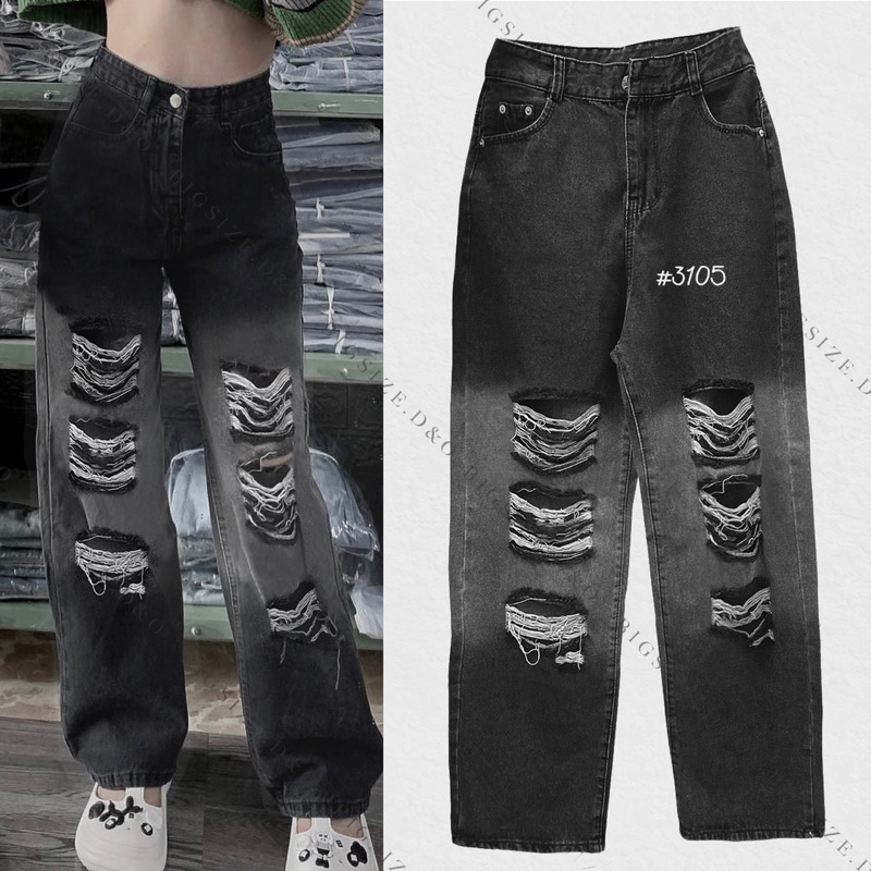 Quần Suông Rộng Bigsize, Đen/Xám Ombre Rách, Lưng Siêu Cao, Không Giãn