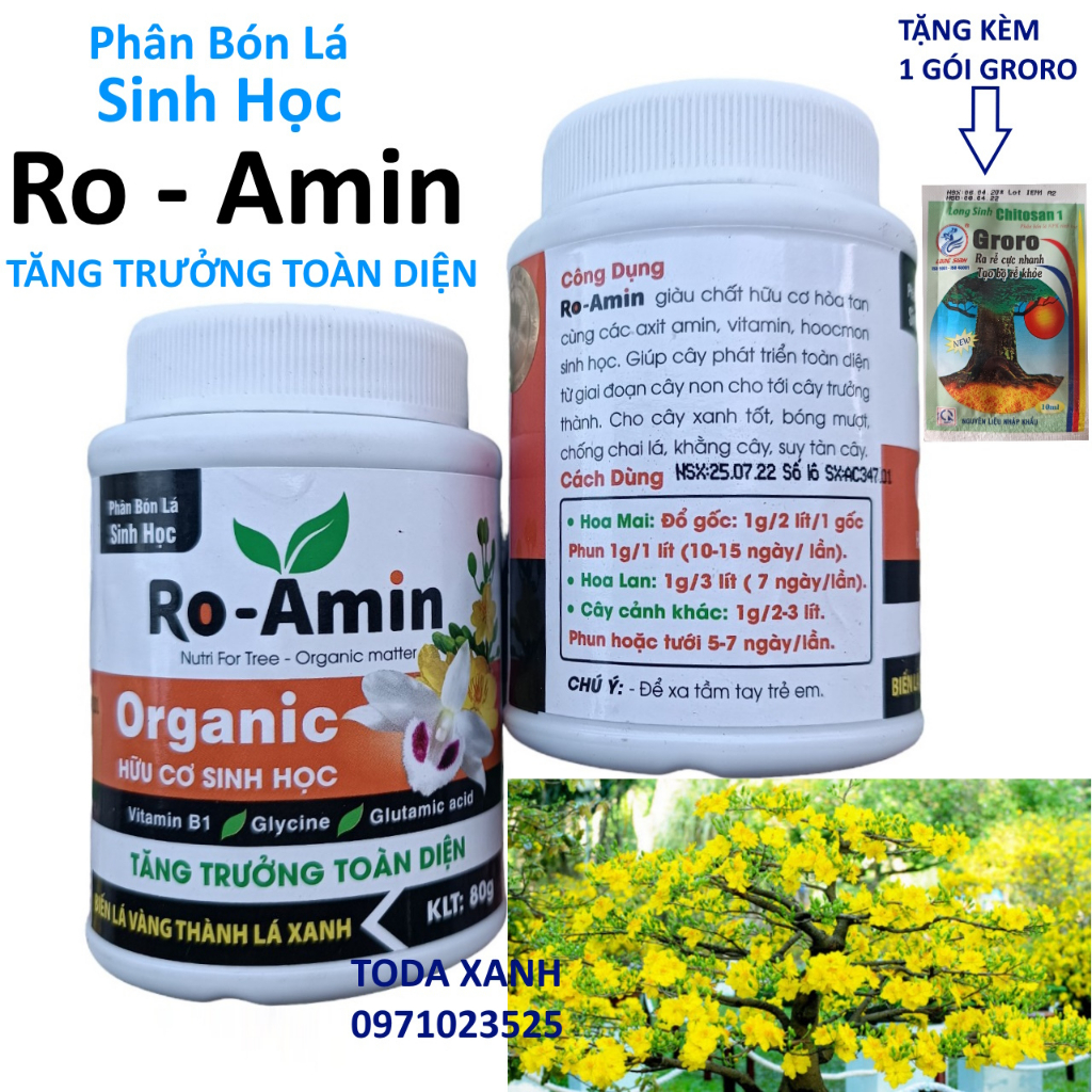 PHÂN BÓN LÁ HỮU CƠ SINH HỌC RO - AMIN 80GRAM. BẬT CHỒI MẠNH, PHÁT ĐỌT NHANH, RA RỄ KHỎE, BÓNG LÁ..TẶNG KÈM 1 GÓI GRORO