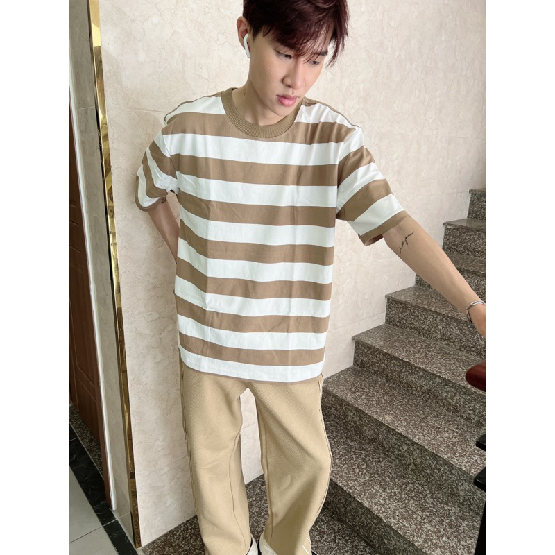 ÁO THUN OVERSIZE sọc trắng nâu