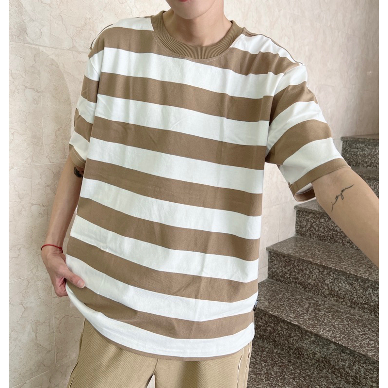 ÁO THUN OVERSIZE sọc trắng nâu