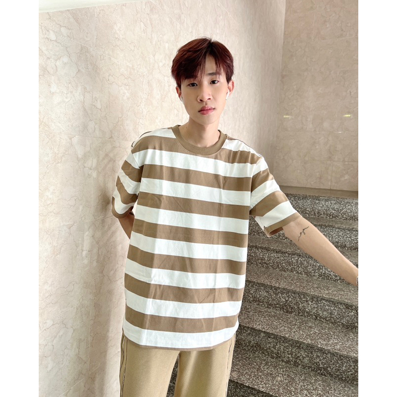 ÁO THUN OVERSIZE sọc trắng nâu