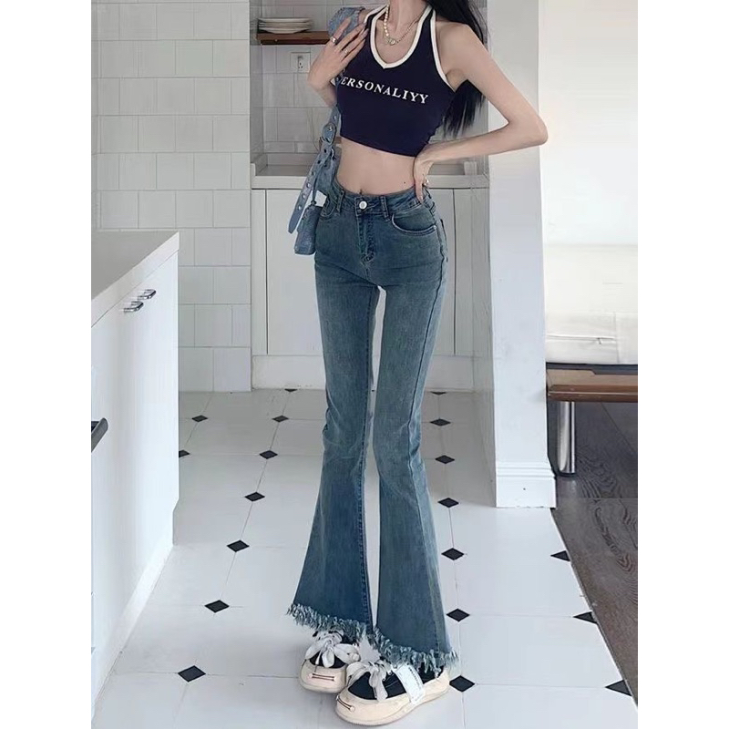 QUẦN JEAN ỐNG LOE LƯNG CAO MÀU XANH TUA RUA QUẢNG CHÂU